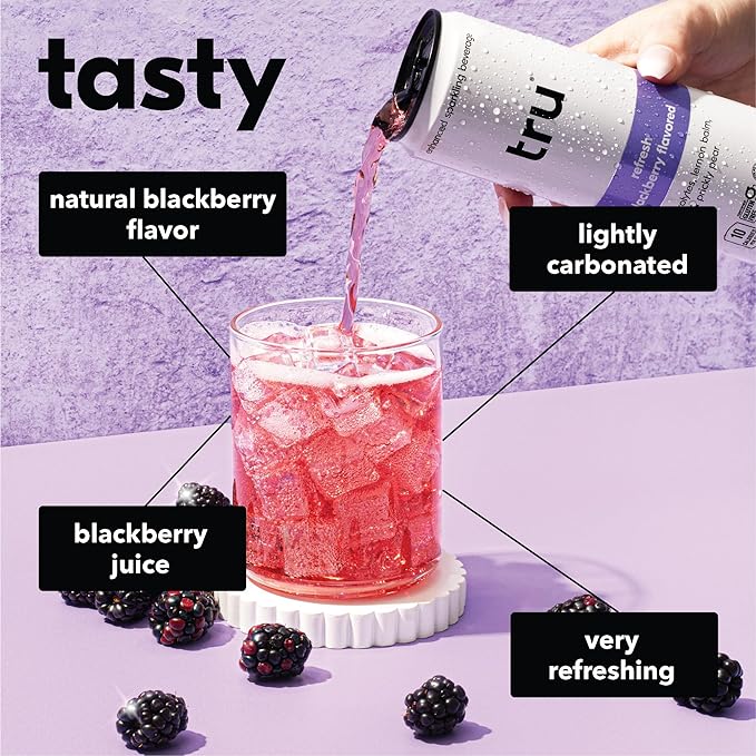 Tru Refresh Seltzer, Sparkling Water with Electrolytes, Prickly Pear, Lemon Balm & Real Blackberry Juice, Sweetened with Monk Fruit & Stevia, Gluten Free, Vegan, Caffeine Free, 12 FL OZ Cans, 12 Pack - Bloomnest
