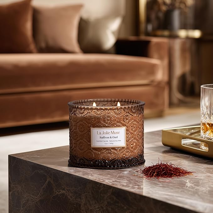LA JOLIE MUSE Saffron & Oud Candle - Incense, Oud, Red Saffron | 12 oz Large 2-Wick Soy Wax Candle | 60 Hours Clean Burn | Gift-Ready for Hosts & Gatherings | Elegant Home Décor - Bloomnest