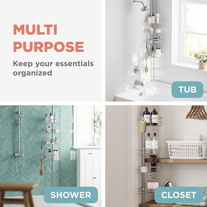 Zenna Home Tension Pole Shower Caddy Corner Organizer, Adjustable Standing Shower Caddy with 4 L-shaped Baskets and Hooks, Rust Resistant Bathroom Tension Rod Organizer, 60 to 97 Inch, Satin Nickel - Bloomnest