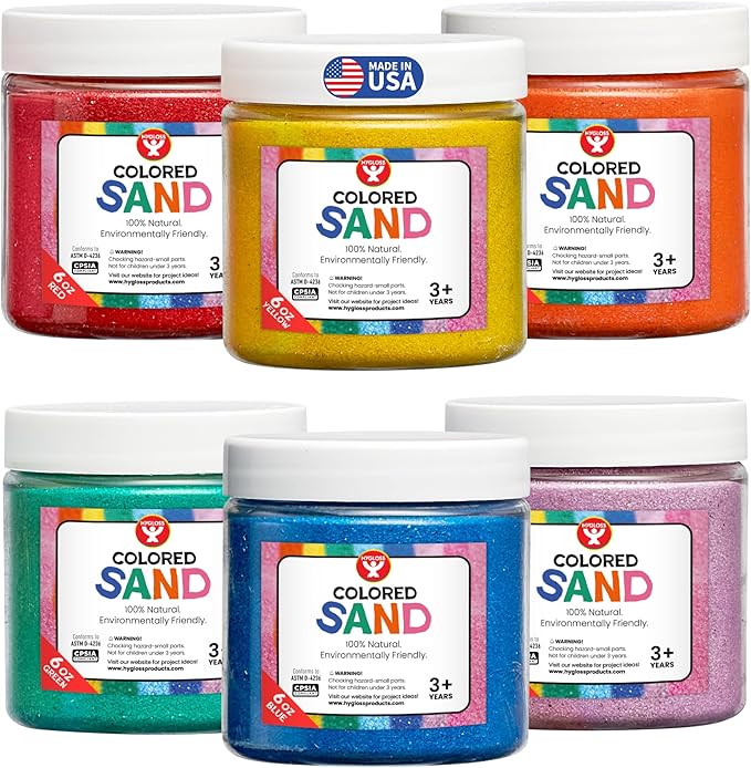 Hygloss Colored Sand for Crafts – 6 Assorted Colors – 6-Ounce – Vibrant Colorful Fine Sensory Play Sand Art Kits for Kids – Classroom Activities for Children 3 4 5 6 7 8 9 10 11 12 – Safe for Ages 3+ - Bloomnest
