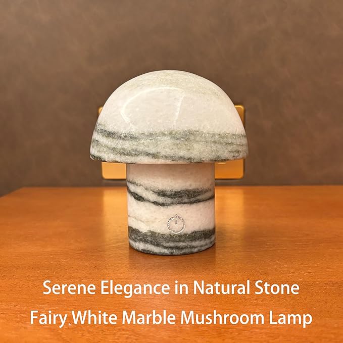Handcrafted Natural Stone Mushroom Lamp - Rechargeable Bedside LED Night Light with Type-C Port, Unique Marble Table Lamp for Modern Interiors - Bloomnest