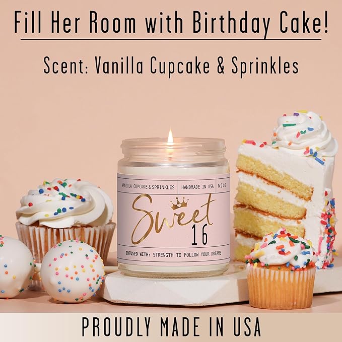 Sweet 16 Gifts for Girls - 'Sweet 16' Soy Candle, w/Vanilla Cupcake & Sprinkles I 16th Birthday Gifts for Girls I Sweet Sixteen Gifts for Girls I 9oz Reusable Jar, 50Hr Burn, Made in USA - Bloomnest