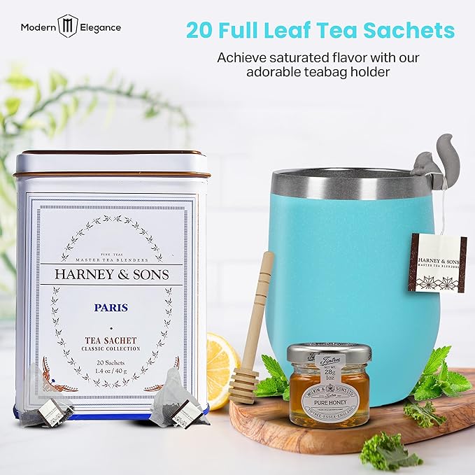 Tea Gift Set for Women – Thoughtful Get Well Gift Box with Cozy Socks, Stainless Tumbler, 20 Tea Sachets, Honey Jar & Sending Hugs Card (Paris Teaa -Heart Socks) - Bloomnest
