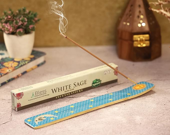 Bless-International Traditional-Handmade-Burner Wooden-Incense-Stick-Holder Ash-Catcher-Stand for-Aromatherapy-Meditation-Yoga (Moon & Stars) 10 Inches, Pack of 2 - Bloomnest