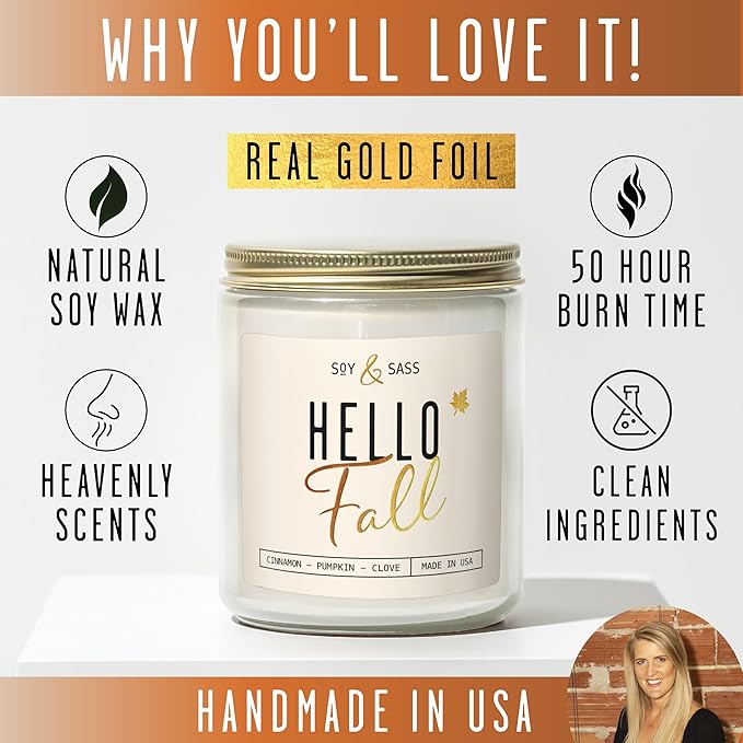 Fall Candles - 'Hello Fall Scented Candle' w/Cinnamon, Pumpkin & Fir I Infused with Essential Oils Autumn Scented Soy Candles for Home Décor, 9oz Reusable Jar, 50Hr Burn, Made in USA - Bloomnest