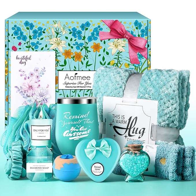 Birthday Gifts for Women, Thinking of You Gift Care Package with Luxury Flannel Blanket for Women Mom Her Wife Friends Sister, Blue Self Care Spa Relaxing Baskets for Christmas Valentines Mothers Day - Bloomnest