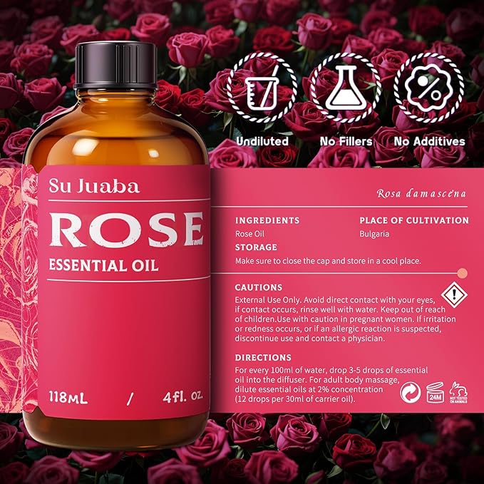SU JUABA Rose Essential Oil 4 Fl Oz, 100% Pure Rose Oil for Face, Skin, Hair, Diffuser, Aromatherapy -118ml Bloomnest