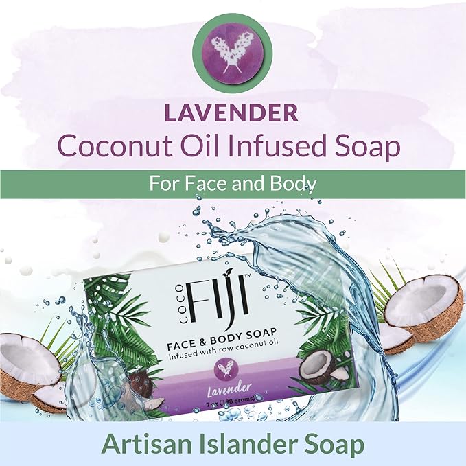 "Coco Fiji Soap Bar for Face and Body Infused With Organic Coconut Oil, Lavender Essential Oil, Natural Soap for Moisturizing & Pore Purifying Skin, 7 oz, Pack Of 3 "