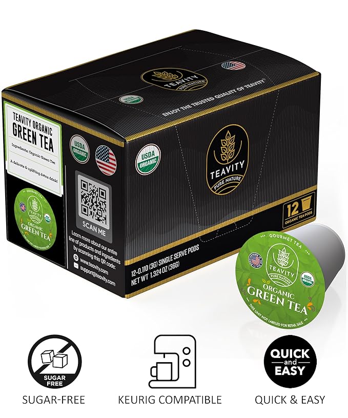 Organic Green Tea Pods for Keurig - Unsweetened Green Tea for K Cup Machines by Teavity (12 Tea Pods) - Bloomnest