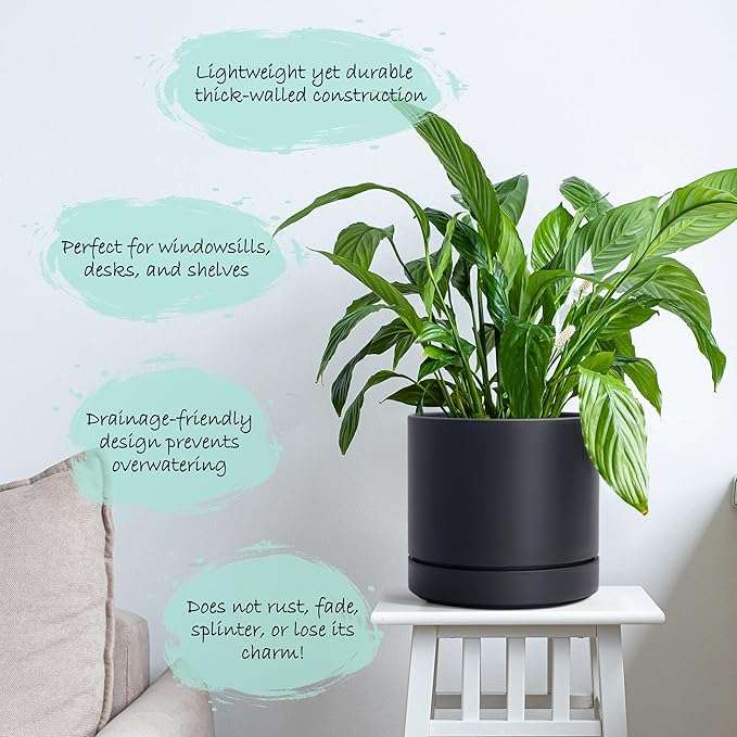 6 Inch Modern Plastic Round Pots for Indoor Houseplants and Herbs, Pack of 3 Planter Pot with Drainage Hole & Saucer, Deep Water Catch Tray, Straight Cylindrical Pot for Plants, Matte Black, 23-D-S-2 - Bloomnest