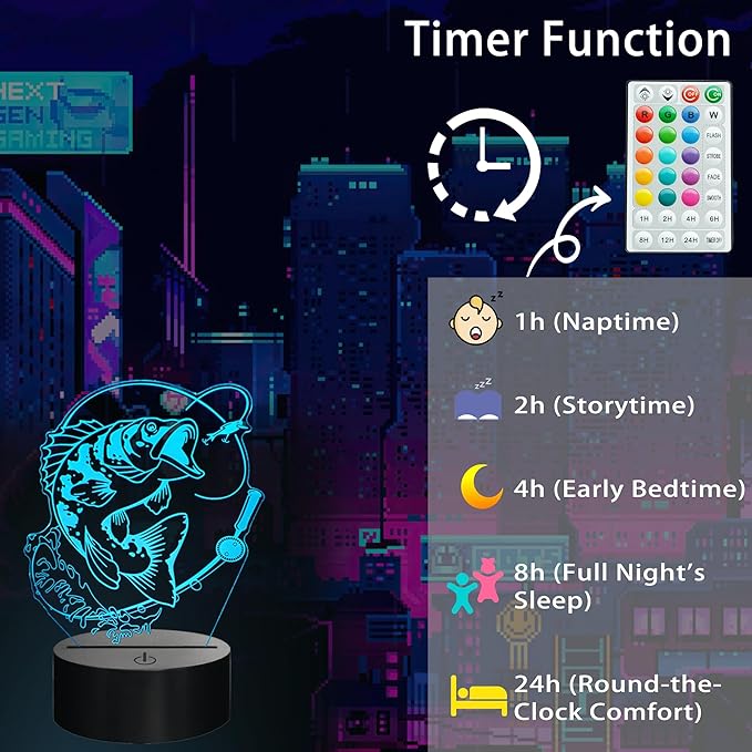 Fish Night Light, Fish 3D Illusion Lamp, Go Fishing Man Gifts with 16 Colors Changing, Timer, 4 Flash Modes and Dimmable, Kids Room Decoration, Xmas Fishing Gifts - Bloomnest