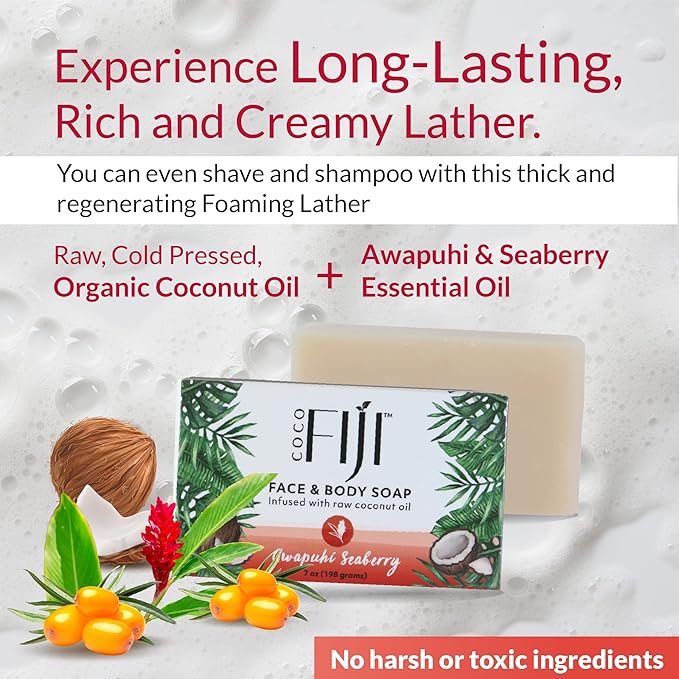 "Coco Fiji Soap Bar for Face and Body Infused With Organic Coconut Oil, Awapuhi Seaberry, Essential Oil, Natural Soap for Moisturizing & Pore Purifying Skin, 7 oz, Pack Of 2 " - Bloomnest