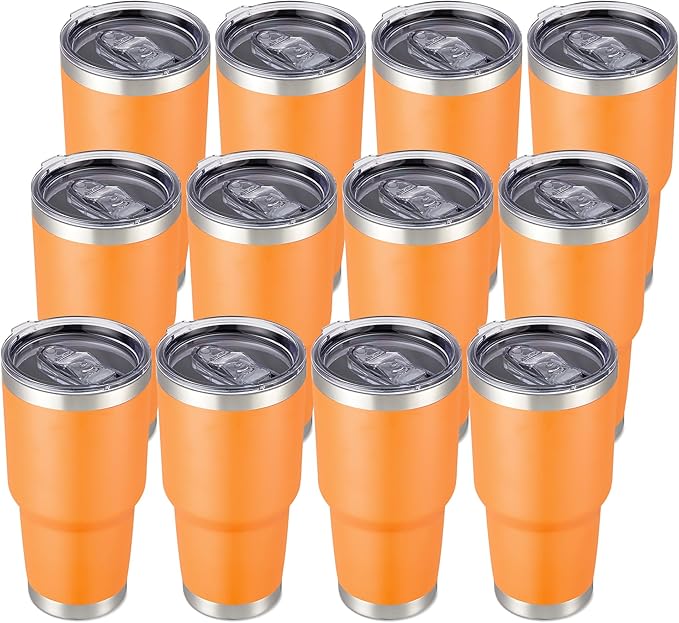 30 oz Tumbler with Lid Stainless Steel Tumblers Bulk Vacuum Insulated Cup Reusable Powder Coated Travel Mug Double Wall Leak Proof Cups Keep Cold Drinks for 12 Hours Orange, Set of 12
