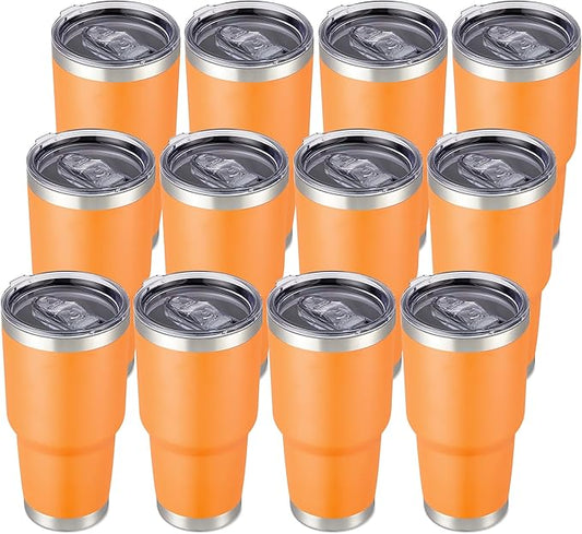 30 oz Tumbler with Lid Stainless Steel Tumblers Bulk Vacuum Insulated Cup Reusable Powder Coated Travel Mug Double Wall Leak Proof Cups Keep Cold Drinks for 12 Hours Orange, Set of 12