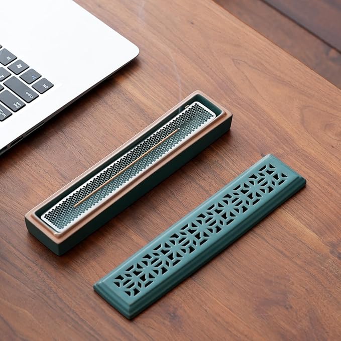 CEREMONY Incense Holder,Ceramic Incense Holder for Sticks with Ash Catcher,Coffin Style Incense Box,Incense Burner for Meditation Yoga Spa Room Decor(Green)