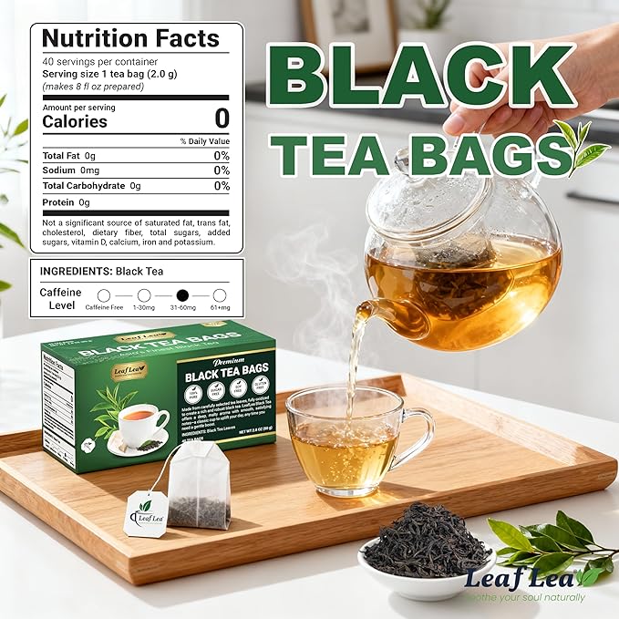 LeafLea 40 Black Tea Bags, Premium Full-Bodied Black Tea Leaves, Strong Robust and Flavoury, Digestive Ease & Natural Alertness with Caffeine, Sugar-Free, Vegan, Individually Wrapped - Bloomnest