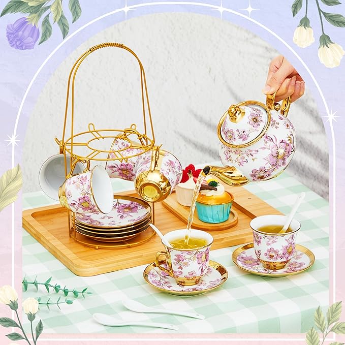 Zhehao 20 Pcs Porcelain Tea Set with Metal Holder and Spoon Adult Ceramic Tea Set European Flower Painting Teapot Cup Saucer Spoon for Women, Large Version(Purple Style) - Bloomnest