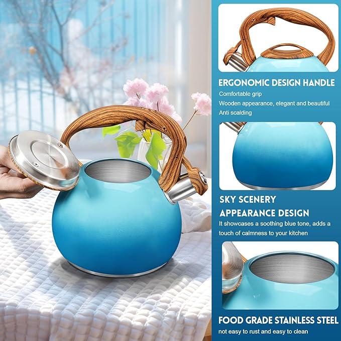 GGC Tea Kettle for Stove Top, 3.1QT/3L Whistling Tea Kettles for Boiling Water Coffee or Milk, Gradient Blue Tea Pot with Wood Parttern Handle, Stainless Steel Tea Pots for Home and Kitchen - Bloomnest