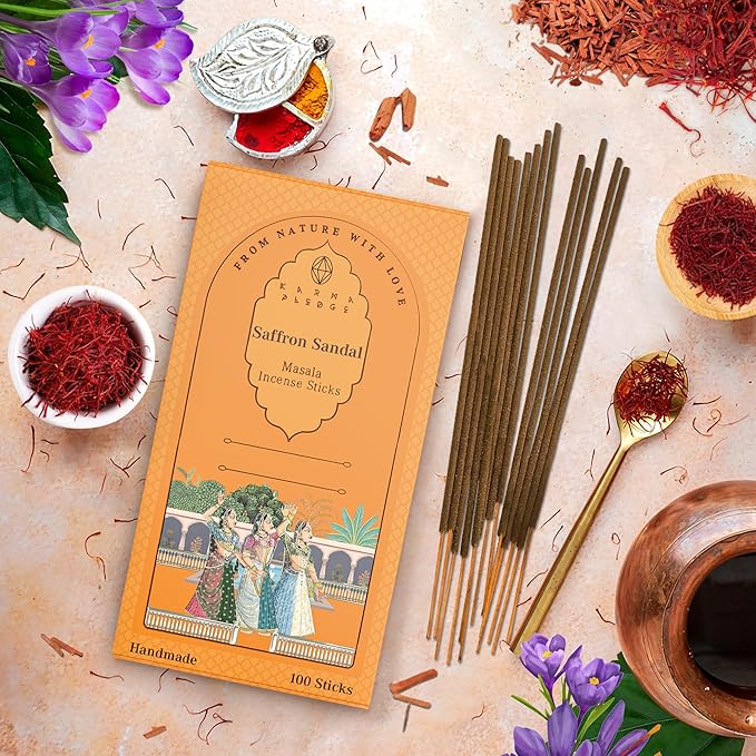 Incense Sticks, Saffron Sandal Incense, Pack of 100 Stick, Hand Rolled Aromatic Masala Made with Natural Ingredients, 45-60 Minute Burn Time, Best for Home Fragrance, Meditation, Yoga, Relaxation KARMAPLEDGE