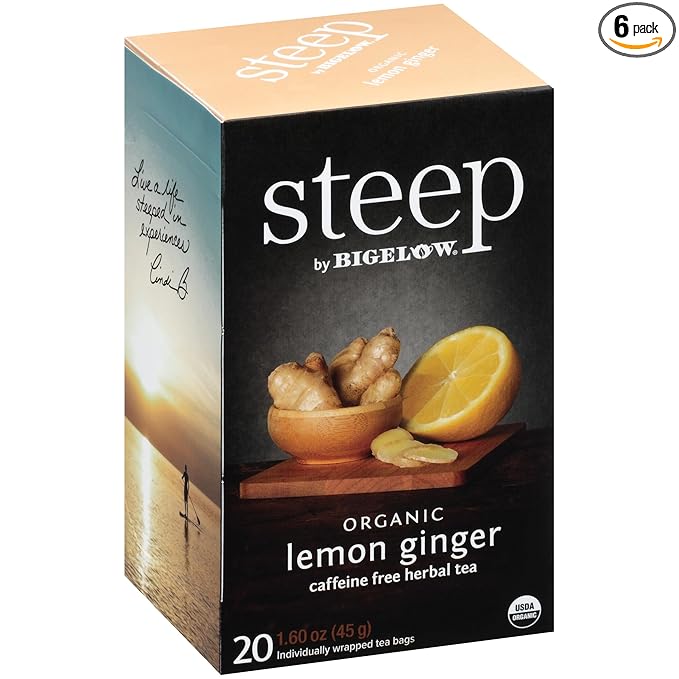 steep by Bigelow Organic Lemon Ginger Herbal Tea, Caffeine Free, 20 Count (Pack of 6), 120 Total Tea Bags - Bloomnest