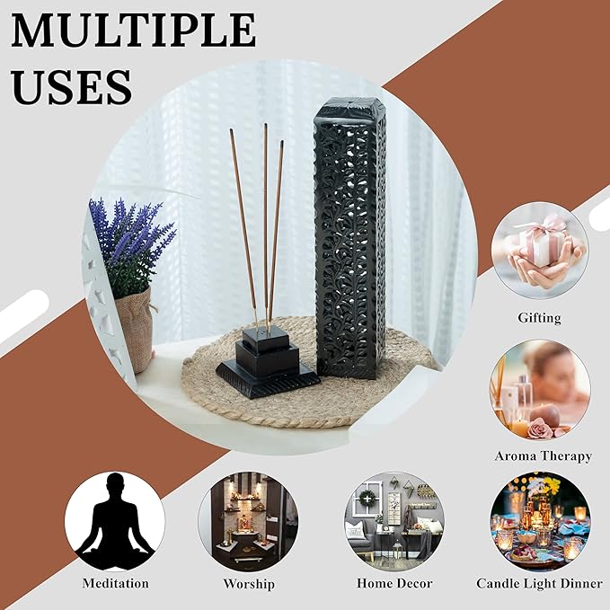 Crocon Handmade Black Marble Soapstone Incense Stick Burner Square Shape Leaf Design Tower Burner | Incense Cone & Candle Stick Holder | Decorative Home & Kitchen Best Gift Size LxWxH, 2.7x2.7x10 Inch