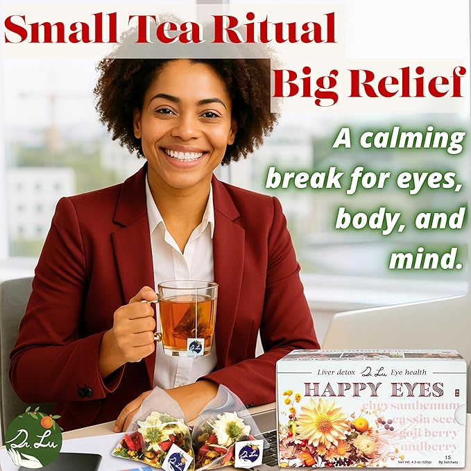 Dr. Lu’s Happy Eyes Tea | 100% Natural Eyebright Tea for Liver Cleanse | Liver Detox tea for Eye Health | Chrysanthemum, Cassia Seed, Goji Berry 8 Premium Herbs in Corn Fiber Pyramid Bags | Made in US - Bloomnest