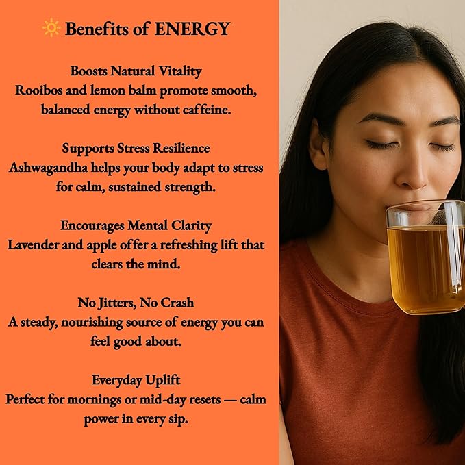 Lavender Apple Energy Mood Herbal Tea Infused with Ashwagandha – Rooibos, Lemon Balm, Lavender, Apple & Ashwagandha Blend | Smooth Uplifting Energy | Caffeine-Free 2.6oz Pouch - Bloomnest