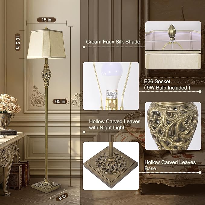 Vintage Floor Lamp for Living Room, 65" Tall Lamp with Nightlight and Beige Faux Silk Shade, Farmhouse Standing Lamp for Bedroom, Office Corner, or Study, Elegant Rustic Home Decor (LED Bulb Included) - Bloomnest