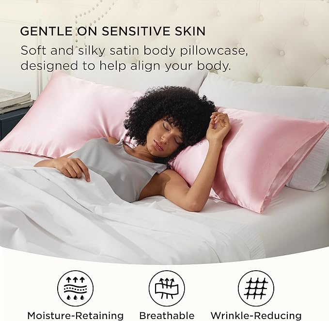 Bedsure Body Pillow Cover 20x54 Inches - Pink Satin Similar to Silk Pillowcase for Hair and Skin, Cooling and Silky Long Body Pillow Pillowcase with Envelope Closure, Gifts for Women Men - Bloomnest
