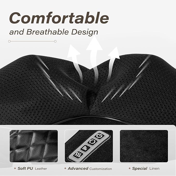 Shiatsu Electric Neck Back Massager Pillow 3D Kneading with Heat for Shoulder, Lower Back, Foot, Leg Muscles Pain Relief Relax in Car Office and Home (Black)