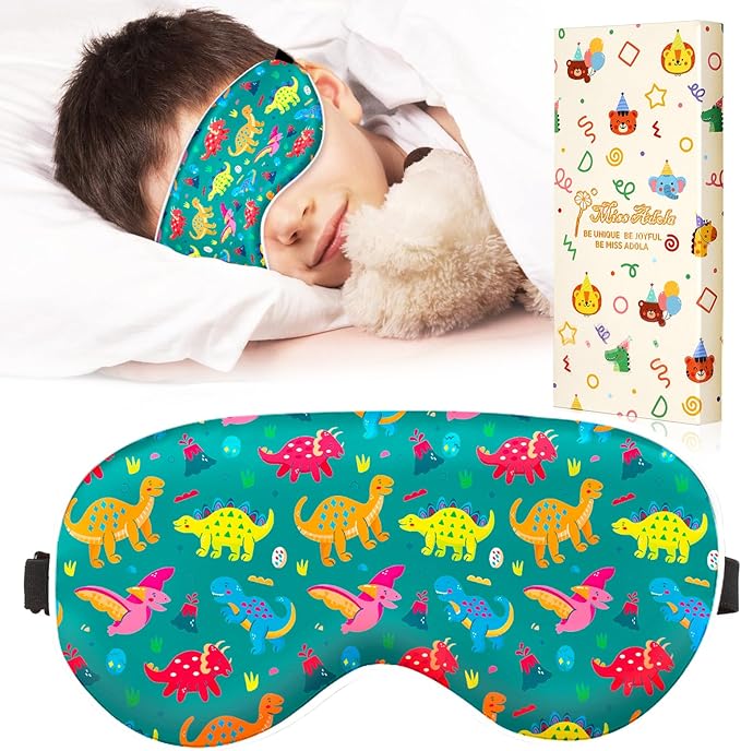 Sleep Mask for Kids - Cute Kawaii Cartoon Silk Sleeping Mask with Adjustable Strap Soft Smooth Light Eye Mask for Sleeping Silk Kids Eye Cover for Boys Girls Teens, Green Dinosaur - Bloomnest