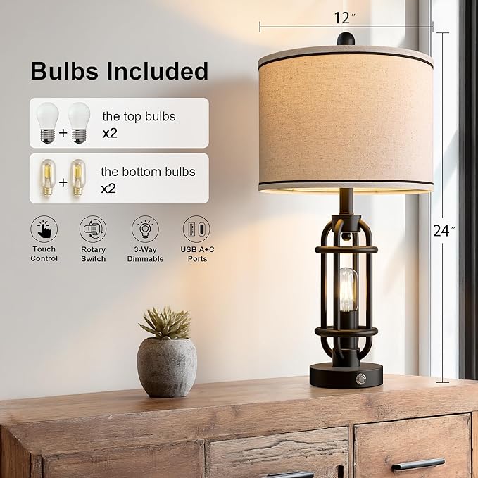 24'' Table Lamps for Living Room Bedroom Set of 2 Industrial Touch Lamp with USB A+C Ports, Night Light Farmhouse Vintage Nightstand Bedside Lamps for Night Stands Metal Black, Bulbs Included - Bloomnest