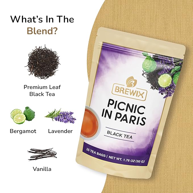 BREWIX, Earl Grey with Lavender Tea, Picnic in Paris Black Tea (25 Pyramid Tea Bags) | Black Tea with Bergamot, Lavender and Vanilla Notes | Gourmet Tea - Bloomnest
