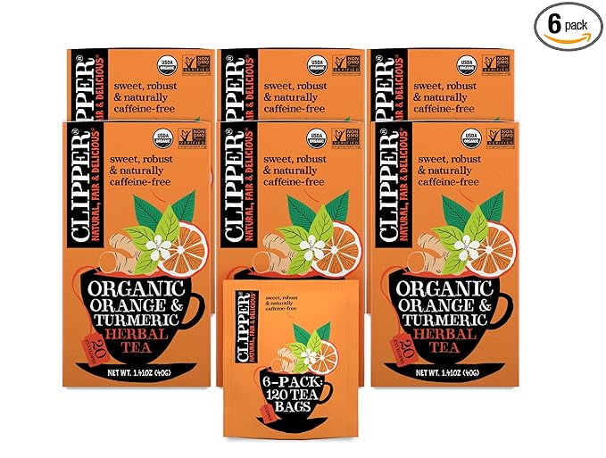 Clipper Tea, Orange & Turmeric, Organic Tea with Licorice Root, Orange Peel and Hibiscus, Plant Based Herbal Tea, Caffeine Free British Tea, 6 Pack, 120 Unbleached Tea Bags - Bloomnest