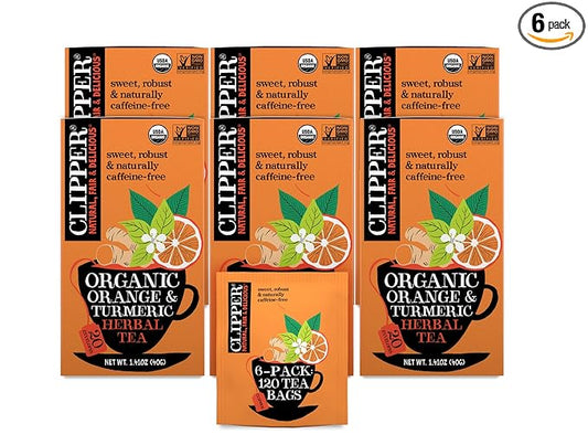 Clipper Tea, Orange & Turmeric, Organic Tea with Licorice Root, Orange Peel and Hibiscus, Plant Based Herbal Tea, Caffeine Free British Tea, 6 Pack, 120 Unbleached Tea Bags - Bloomnest