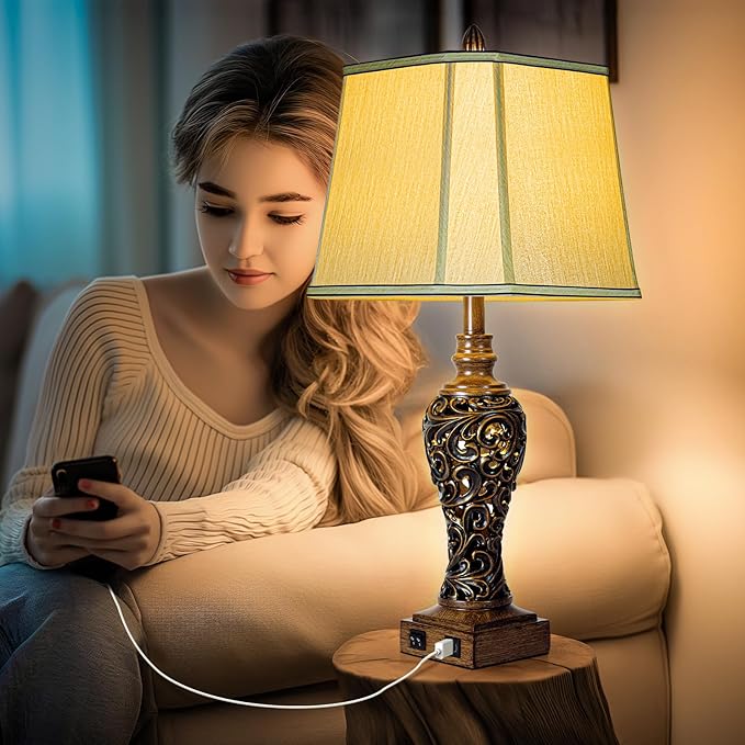 28.5'' Tall Farmhouse Vintage Table Lamp Set of 2 with Faux Silk Shade USB Ports Nightlight Decor for Bedside Living Room Bedroom Nightstands Office Home, Dark Bronze(Bulbs Included) - Bloomnest