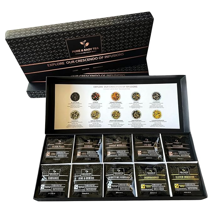 Pure And Easy Tea, Premium Loose Leaf Tea Sampler Set, 30-Count Variety Pack with 10 Herbal & Caffeinated Flavors, Natural Wellness & Luxury Tea Gift Box, 150g - Bloomnest