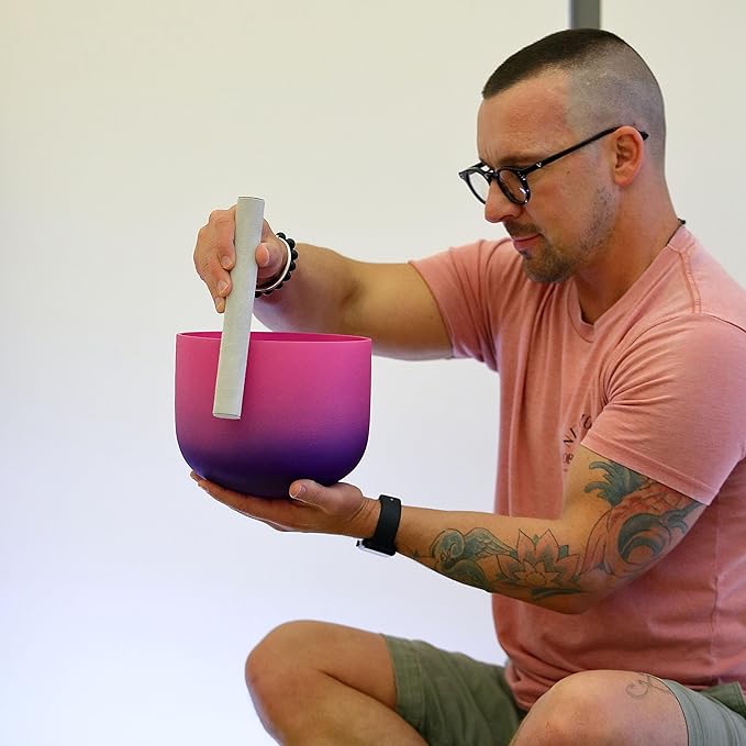TOPFUND 432Hz Pink Purple F Note Crystal Singing Bowl Heart Chakra 10 inch with Heavy Duty Carrying Case and Suede Mallet
