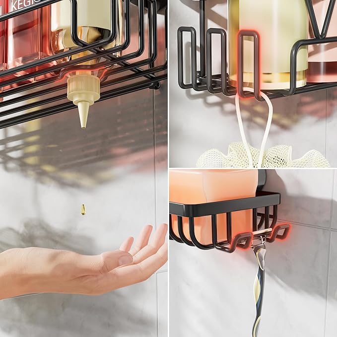 KEGII Suction Cup Shower Caddy, 2 Pack Shower Suction Shelf with Soap Holder & Hooks, No Drilling Bathroom Organizer, Stainless Steel Shampoo Holder for Bathroom Storage Basket, Black - Bloomnest