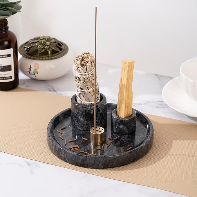 4 in 1 Marble Incense Holder, Natural Marble Incense Burner for Meditation, 9 Incense Holes Suitable for Most Incense Types (Black) - Bloomnest