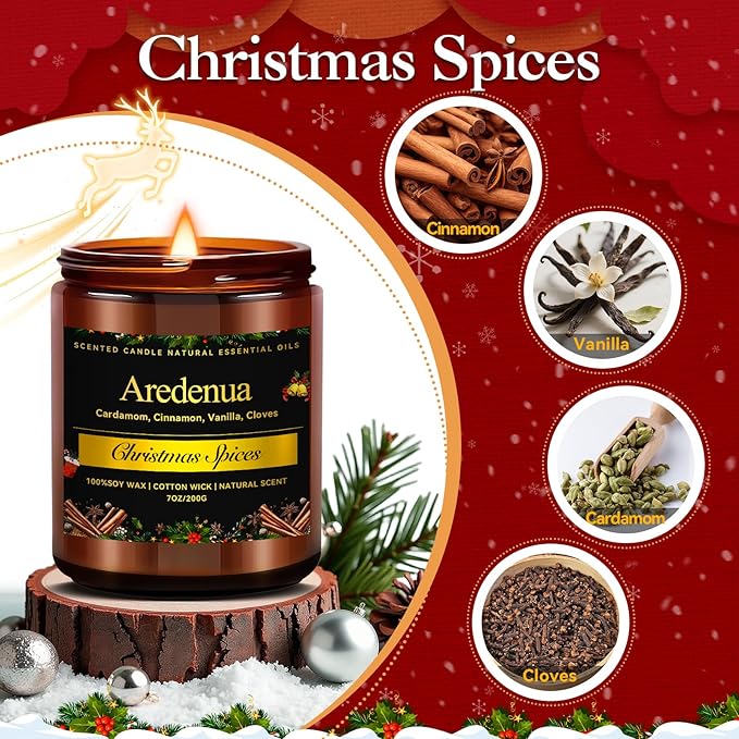 Christmas Candles - Christmas Spice Candle | 7 oz Soy Candles with Warm Cinnamon, Clove & Nutmeg Aroma | Holiday Scented Candle, Cozy Winter Candle Gift for Men & Women - Bloomnest