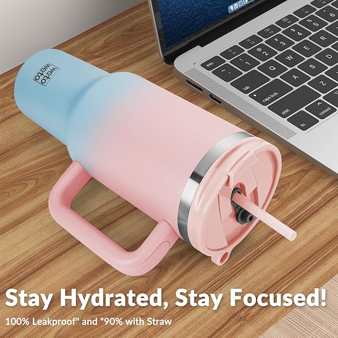 WETOWETO 40oz Tumbler with Handle | Insulated Stainless Steel Travel Mug | 34Hrs Cold & 10Hrs Hot Retention | 100% Leakproof Lid & Straw | Dishwasher Safe + Car Cup Holder Fit (Pink-Blue Gradient) - Bloomnest