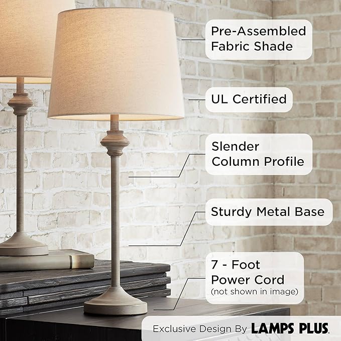 360 Lighting Lynn Country Cottage Rustic Buffet Table Lamps 26 3/4" Tall Skinny Set of 2 Light Beige Wood Oatmeal Fabric Tapered Drum Shade for Living Room House Home Dining Office Entryway Family - Bloomnest