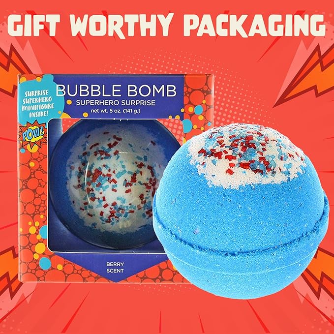 Superhero Bath Bombs for Kids & Boys with Surprise Hero Toys Inside (1 Pack) - Large Bubble Bath Bombs for Boys & Girls - Gift for Children & Stocking Stuffers - Fruity Scent, USA Made by Two Sisters - Bloomnest