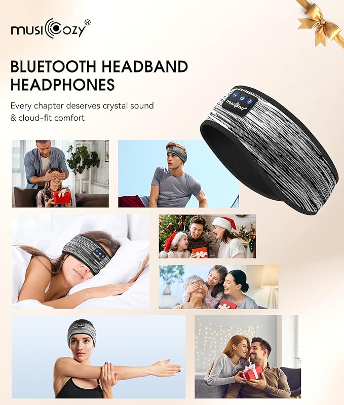 MUSICOZY Sleep Headphones Bluetooth 5.4 Headband, Wireless Earphones Music Sleep Earbuds Sleeping Eye Mask with HD Stereo Speakers for Workout Running Travel Yoga, Ideal Gifts (Stripped Gray) - Bloomnest
