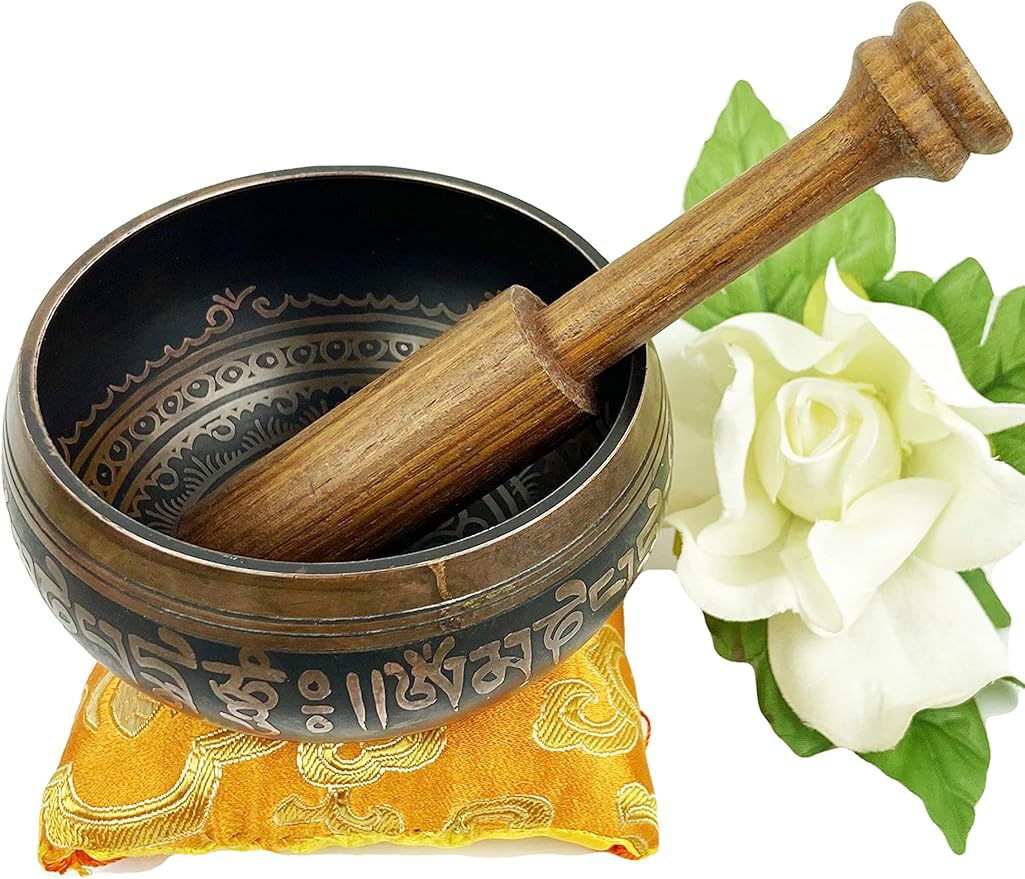 3005 SB 'D' Note Sacral Chakra Antique Tibetan Auspicious Symbol Bowl Set ~ Nepal - Bloomnest