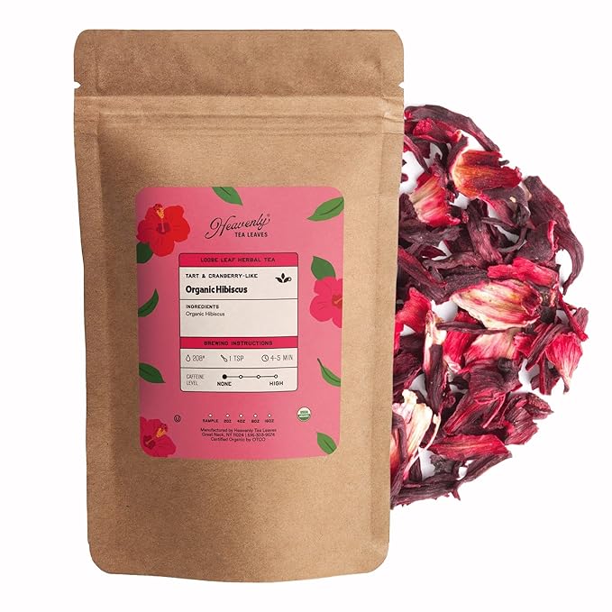 Heavenly Tea Leaves Organic Hibiscus, Loose Leaf Herbal Tea, 4 oz. (Approx. 50 Cups of Tea) – Tart, Fruity, Caffeine Free Herbal Tisane – Delicious Hot or Iced – Premium Quality Wellness Support - Bloomnest
