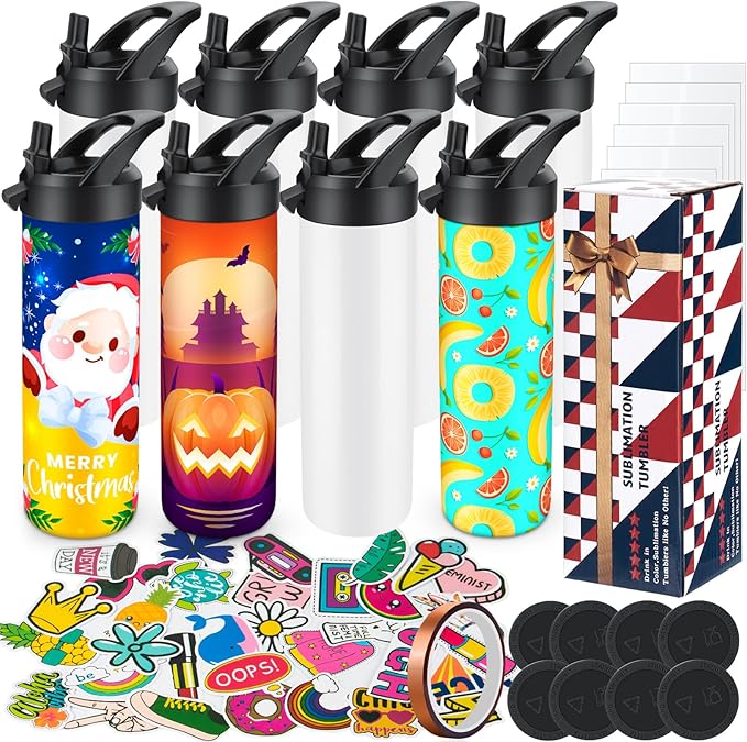 8 Pack 20oz Sublimation Tumbler Set Triple-Insulated Stainless Steel Sports Water Bottle with Straw Lid Blank Sublimation Cup with DIY Stickers, Shrink Wrap, Rubber Base, Heat Tape for Heat Transfer - Bloomnest