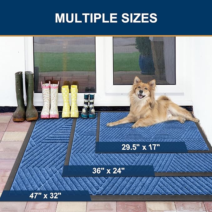 Smiry Front Door Mat Outside Entrance, Heavy Duty Sturdy Natural Rubber Doormat, Trap Dirt and Moisture, Easy Clean Low Profile Mats for Indoor Outdoor Entry, Irregular Triangle (36x24, Blue) - Bloomnest