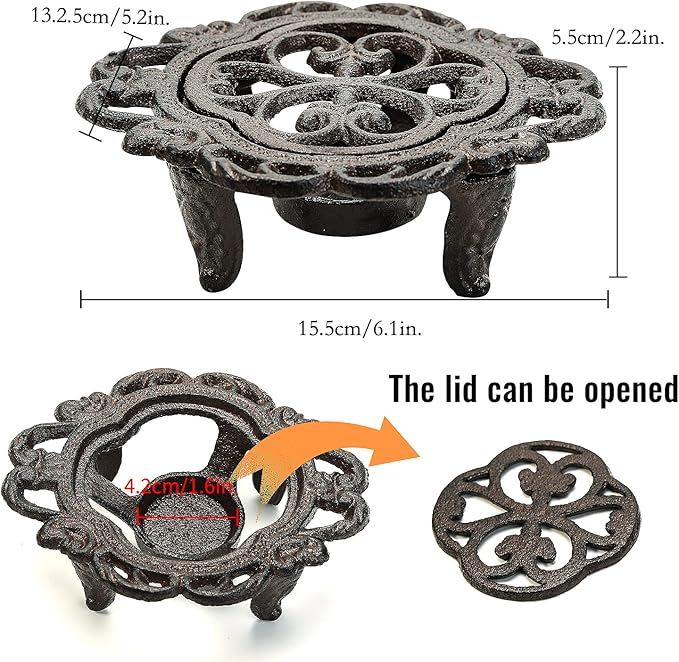 Sungmor Cast Iron Teapot Warmer Dish Cups Heater Pot Trivet - Rustic & Graceful Pattern Design with Tealight Holder - Heavy Duty & Decorative Candle Holder Stands for Heat Food Coffee Milk or Tea - Bloomnest